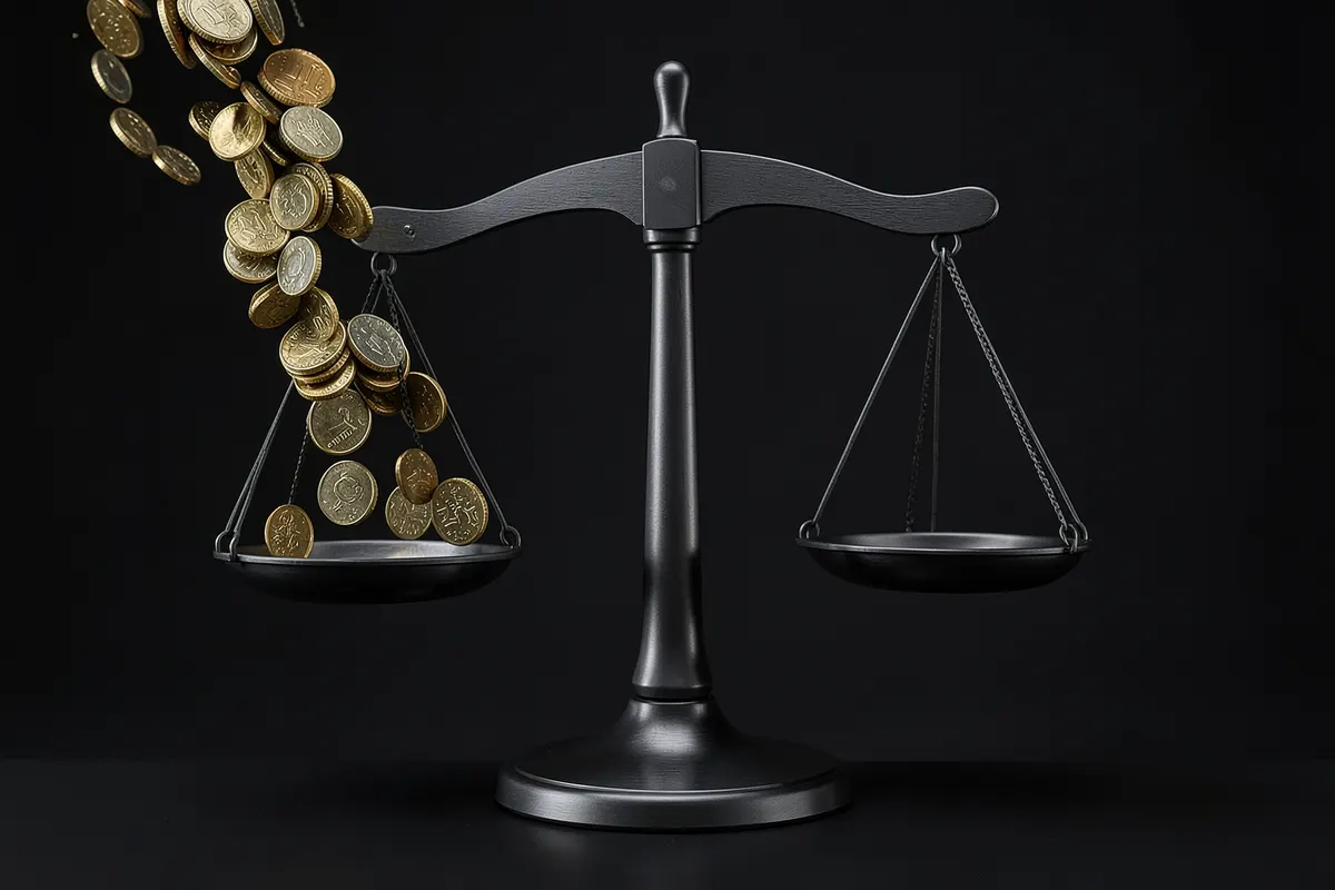 Uma balança da justiça com moedas caindo.