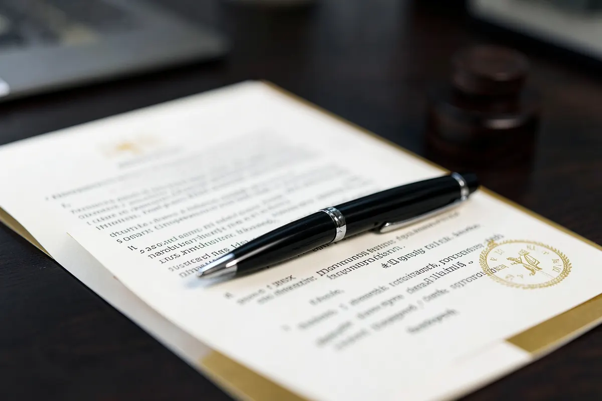 Um documento legal com uma caneta e um selo.