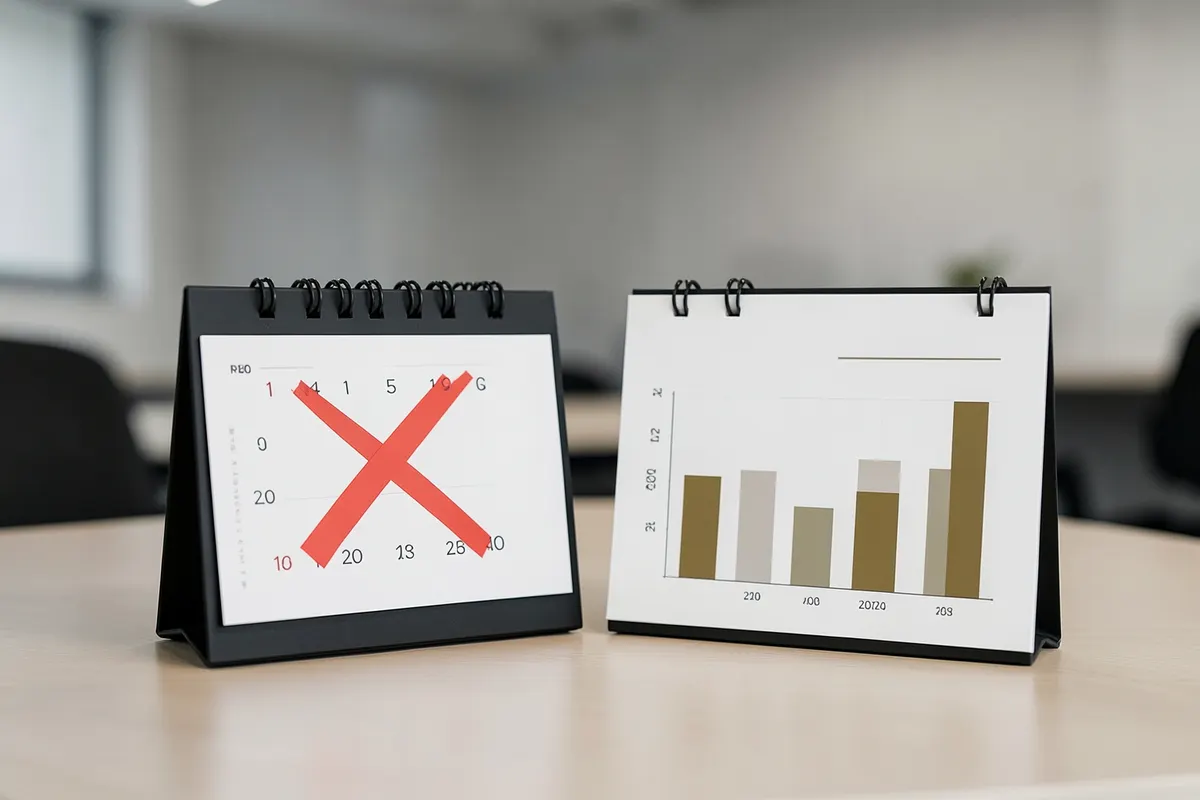Um calendário com um X vermelho em um dia e um gráfico de barras ao lado.