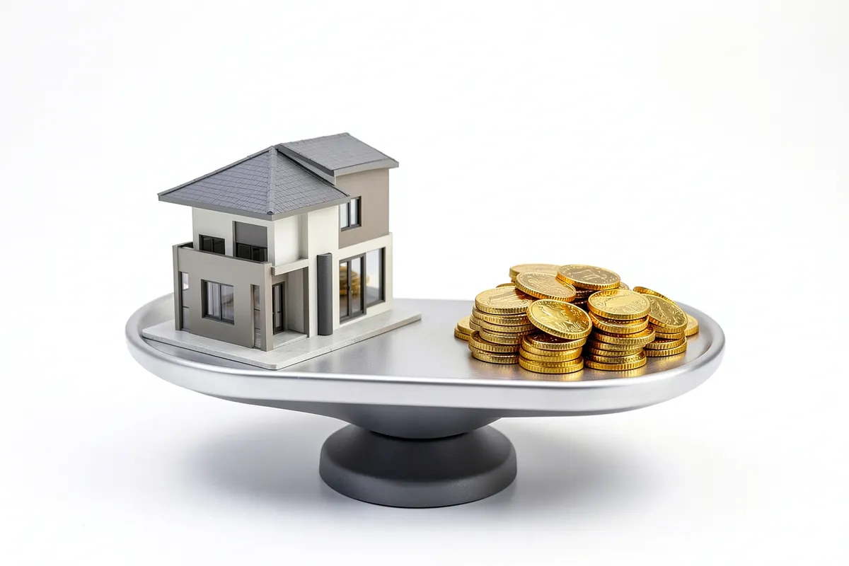 Uma balança com uma casa de um lado e moedas de ouro do outro, em um fundo branco.