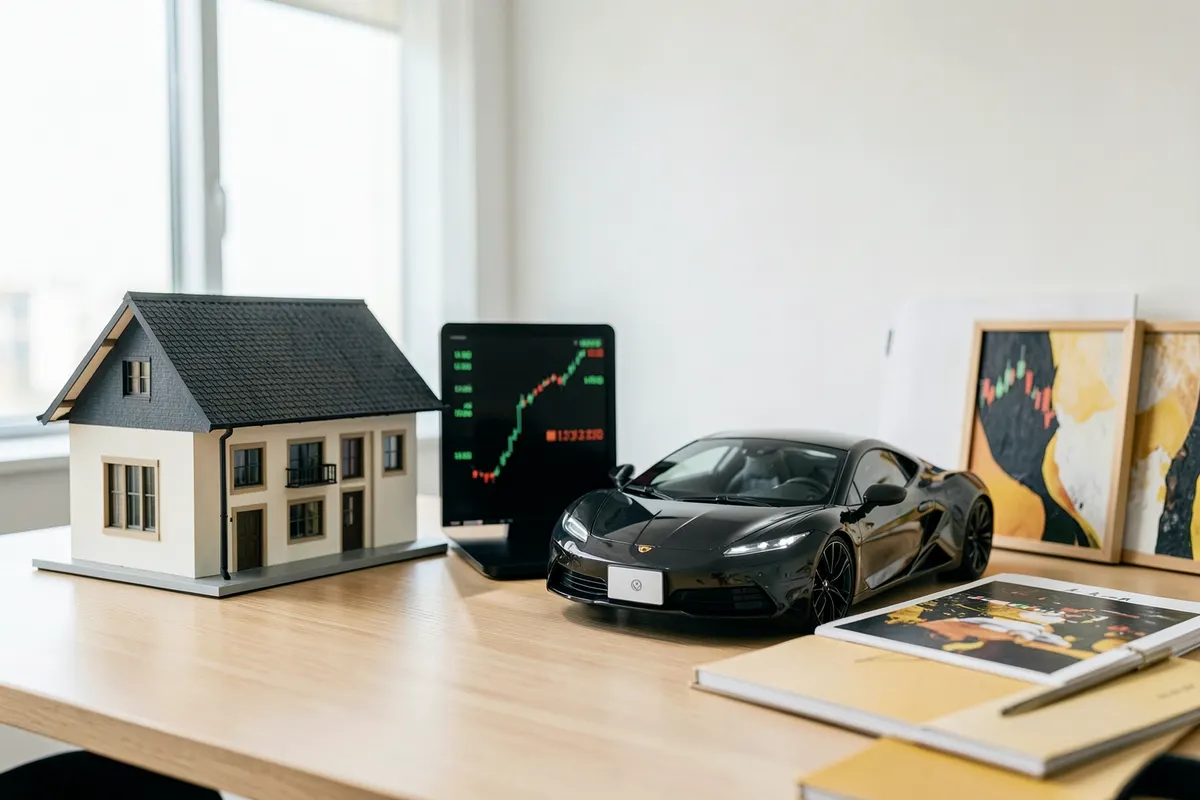 Uma coleção de diferentes tipos de bens, incluindo uma casa, um carro, ações e obras de arte, dispostos em uma mesa.