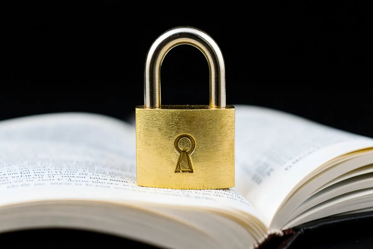 Um cadeado dourado fechado sobre um livro aberto, em um fundo escuro.