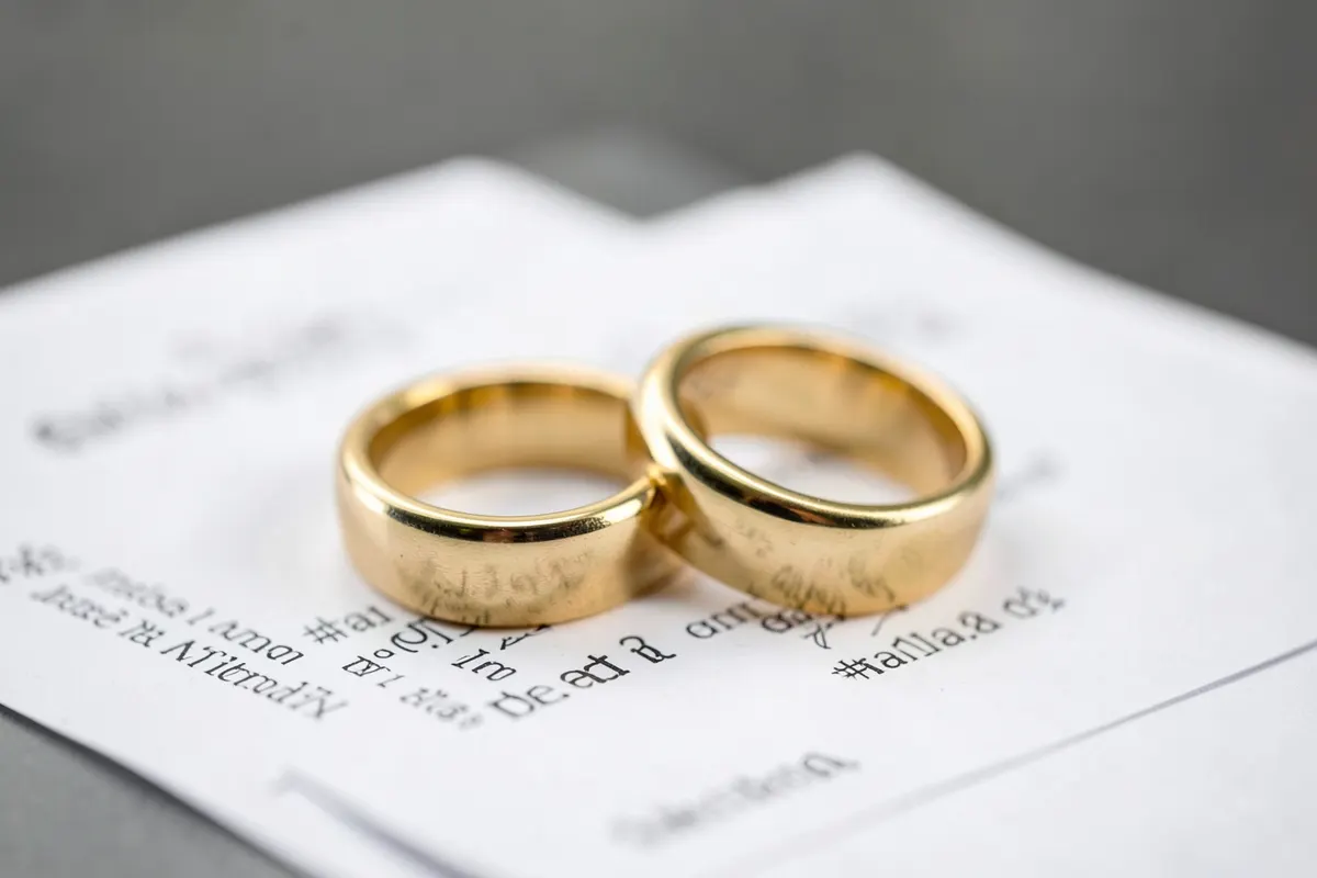 Dois anéis de casamento em cima de papéis de divórcio.