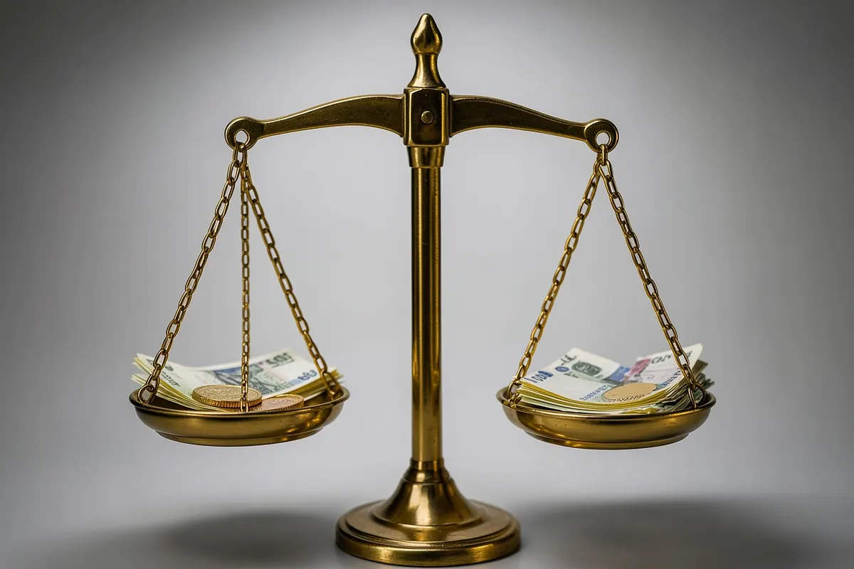Uma balança da justiça com moedas e notas de dinheiro.