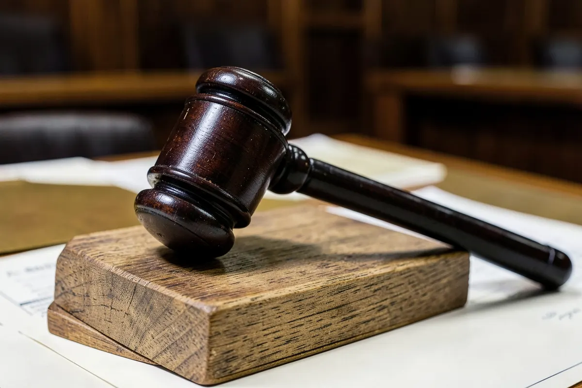 Um juiz em uma sala de tribunal, com um martelo.