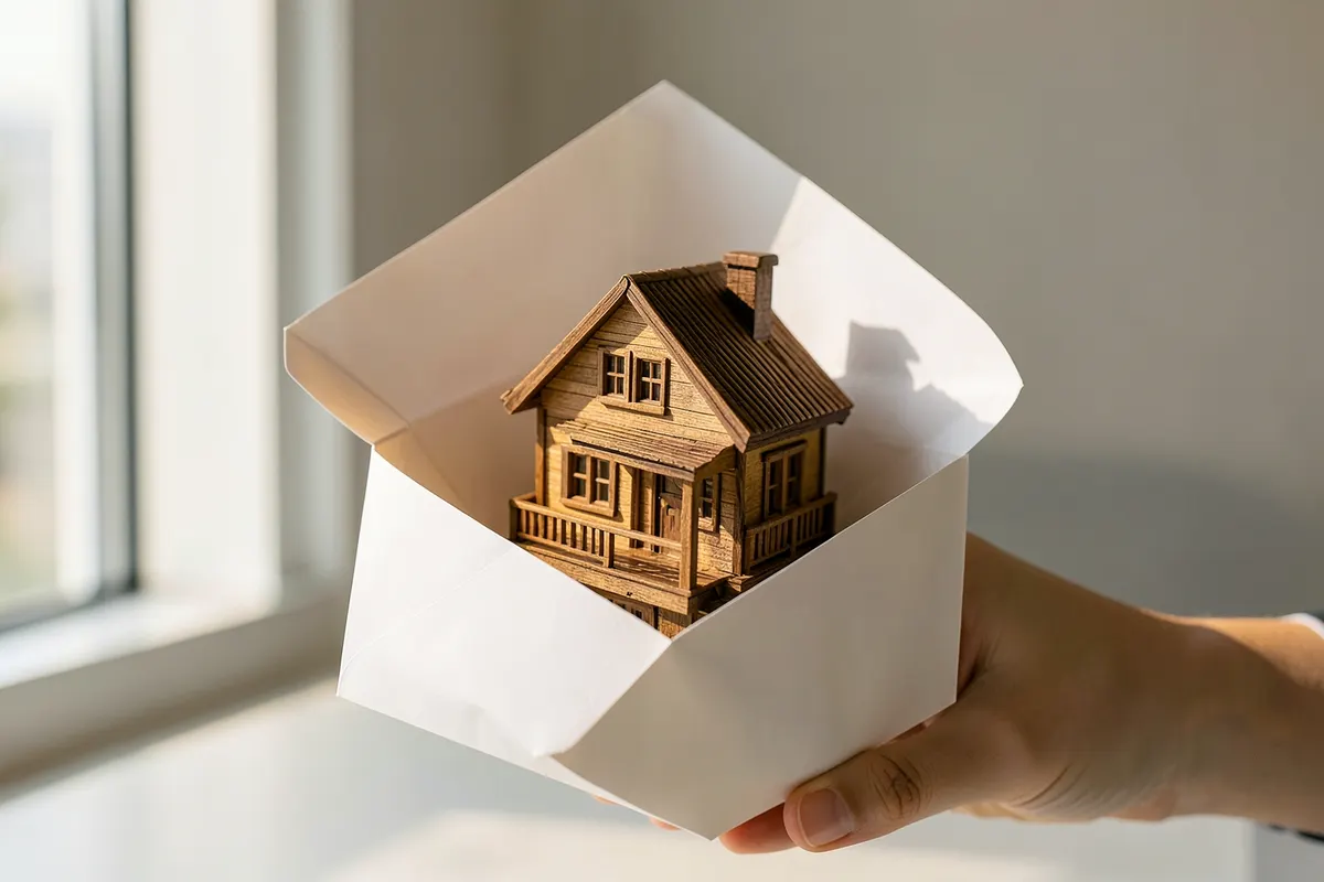 Uma casa de brinquedo sendo entregue em um envelope aberto.