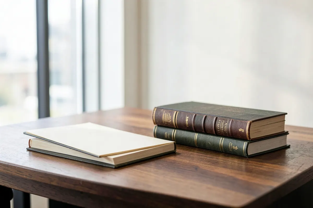 Uma pilha de livros jurídicos e um bloco de notas aberto em uma mesa de madeira, com luz natural entrando pela janela.