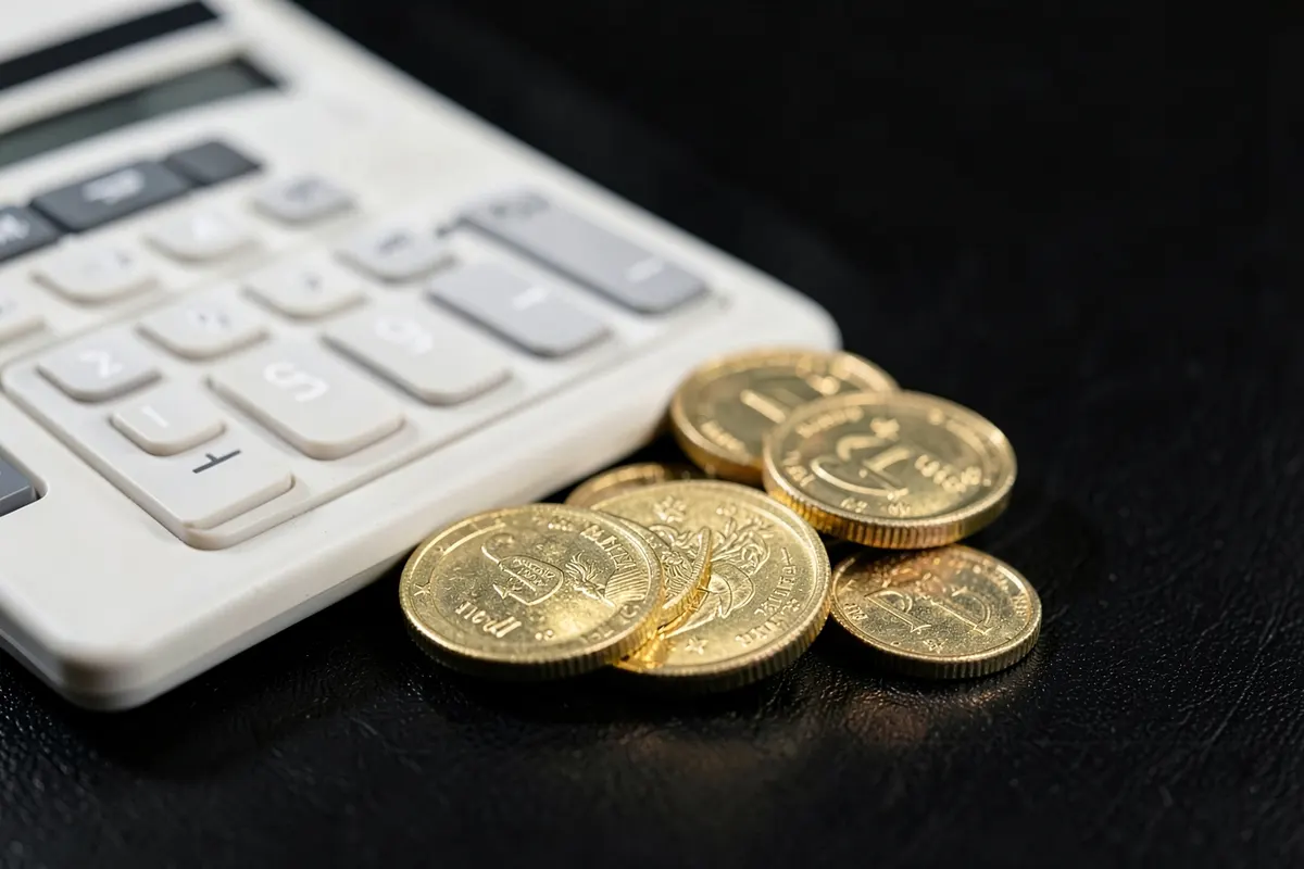 Uma calculadora e moedas de ouro dispostas em um fundo escuro, com foco nítido nas moedas.