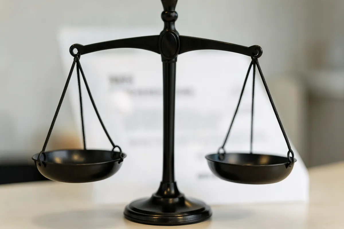 Uma balança da justiça em primeiro plano, com um documento legal desfocado ao fundo, sob luz de escritório.