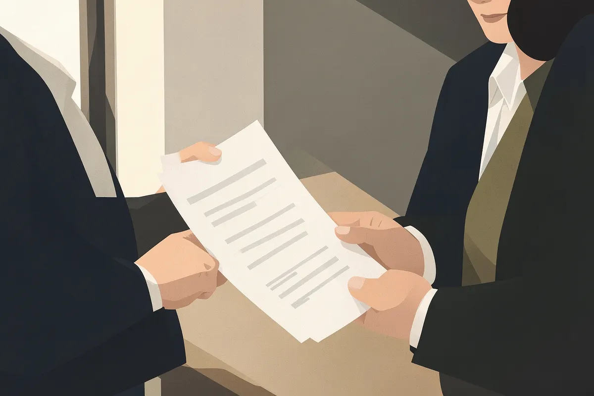 Um advogado explicando documentos para um casal em um escritório.