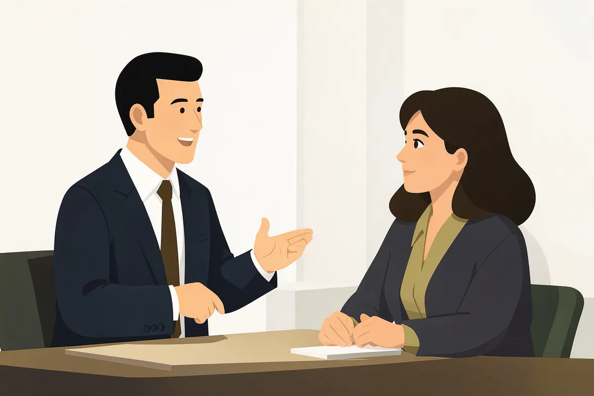 Um advogado gesticulando enquanto conversa com um casal em um escritório.