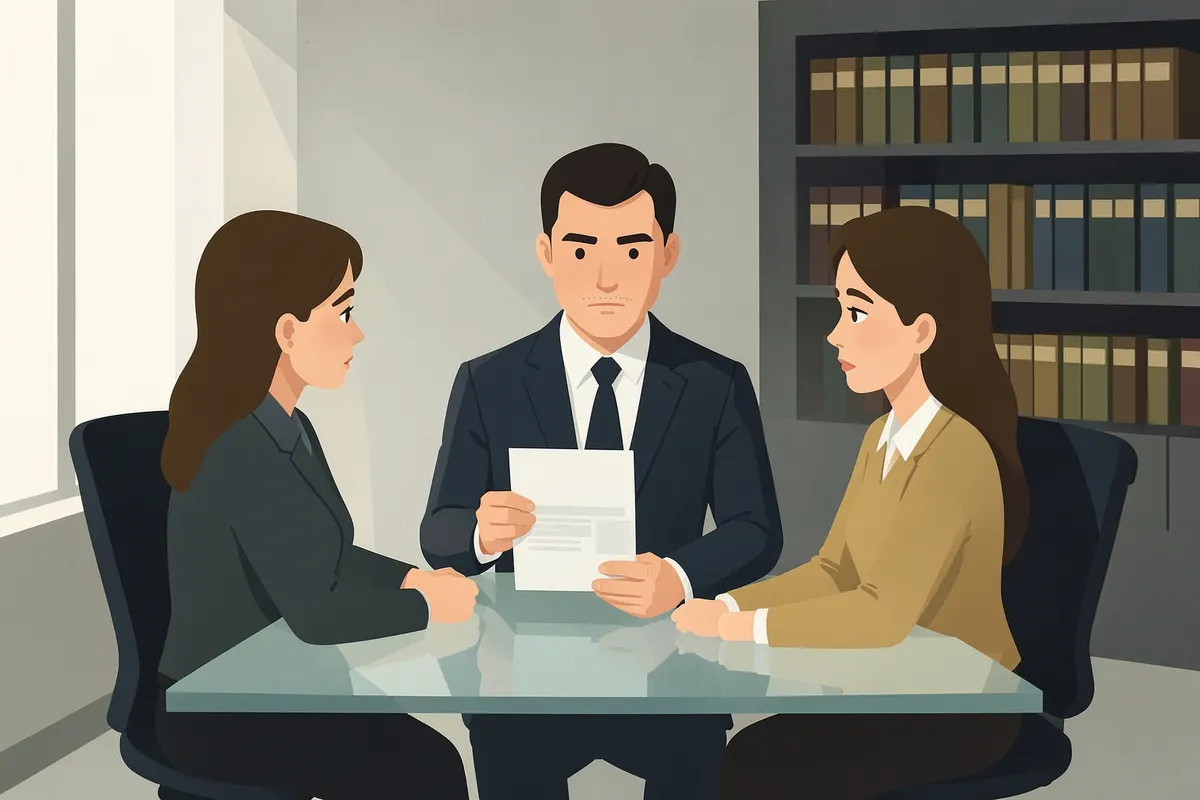 Um advogado mostrando um documento para um casal em um escritório.