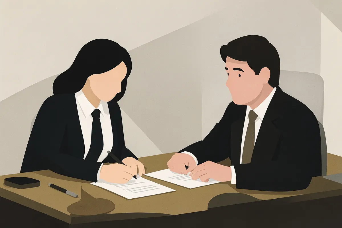 Um casal assinando documentos em uma mesa de escritório com um advogado ao lado.