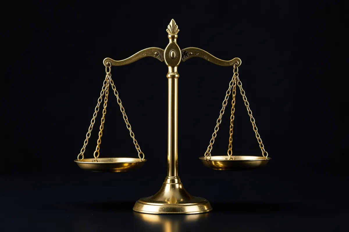 Uma balança da justiça dourada sobre um fundo escuro.