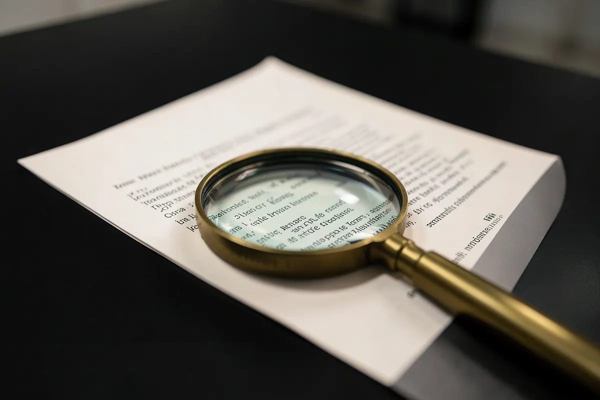 Uma pessoa examinando um contrato com uma lupa em uma mesa.