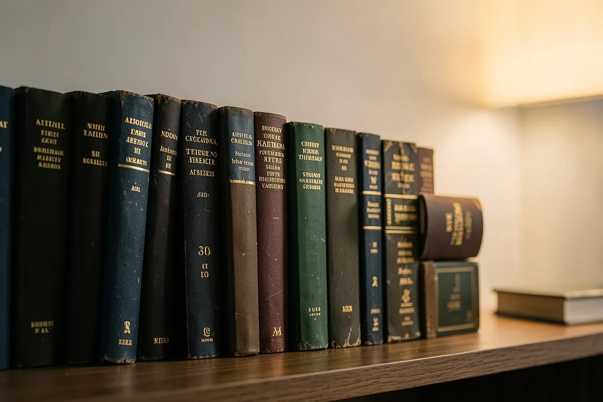 Um conjunto de livros de direito empilhados em uma estante.