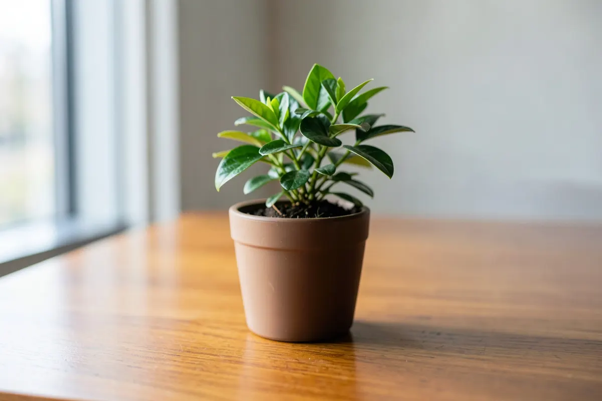Uma planta crescendo em um vaso sobre uma mesa de madeira.