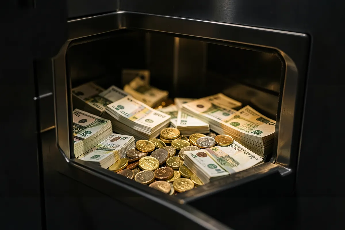Um cofre de banco com notas de dinheiro e moedas dentro, simbolizando segurança financeira.