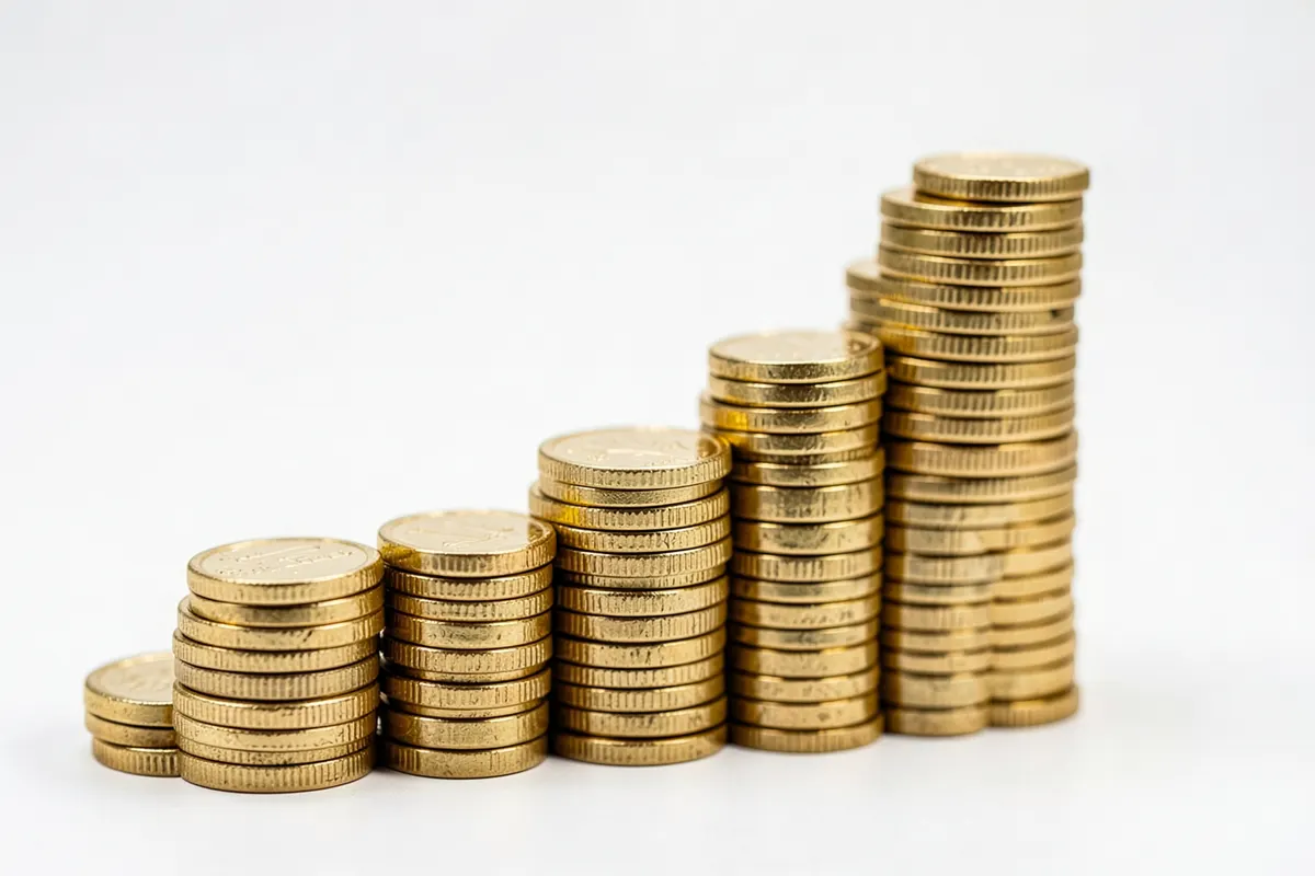 Um gráfico de barras ascendente feito de moedas de ouro empilhadas, representando crescimento financeiro.