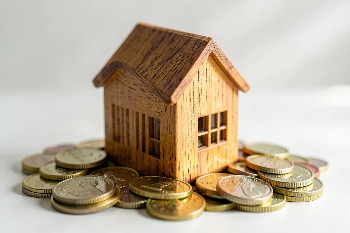 Uma casa de madeira em miniatura sobre um monte de moedas, simbolizando investimento imobiliário e patrimônio.