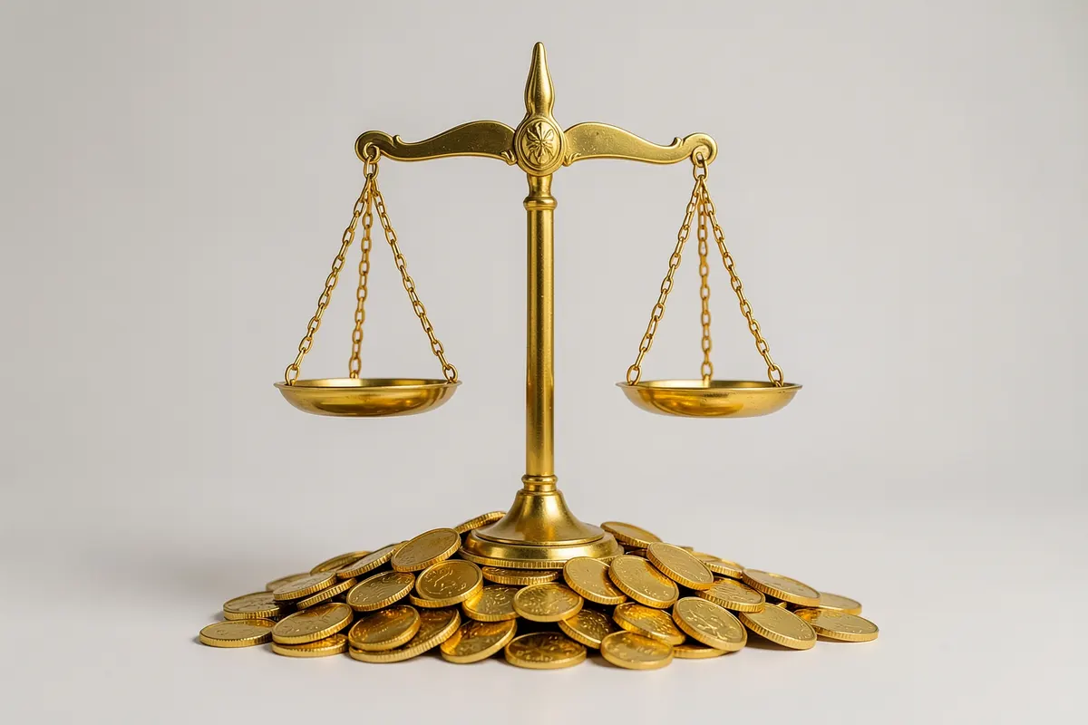 Uma balança da justiça equilibrada sobre um monte de moedas de ouro, representando a equidade e a distribuição justa de bens.