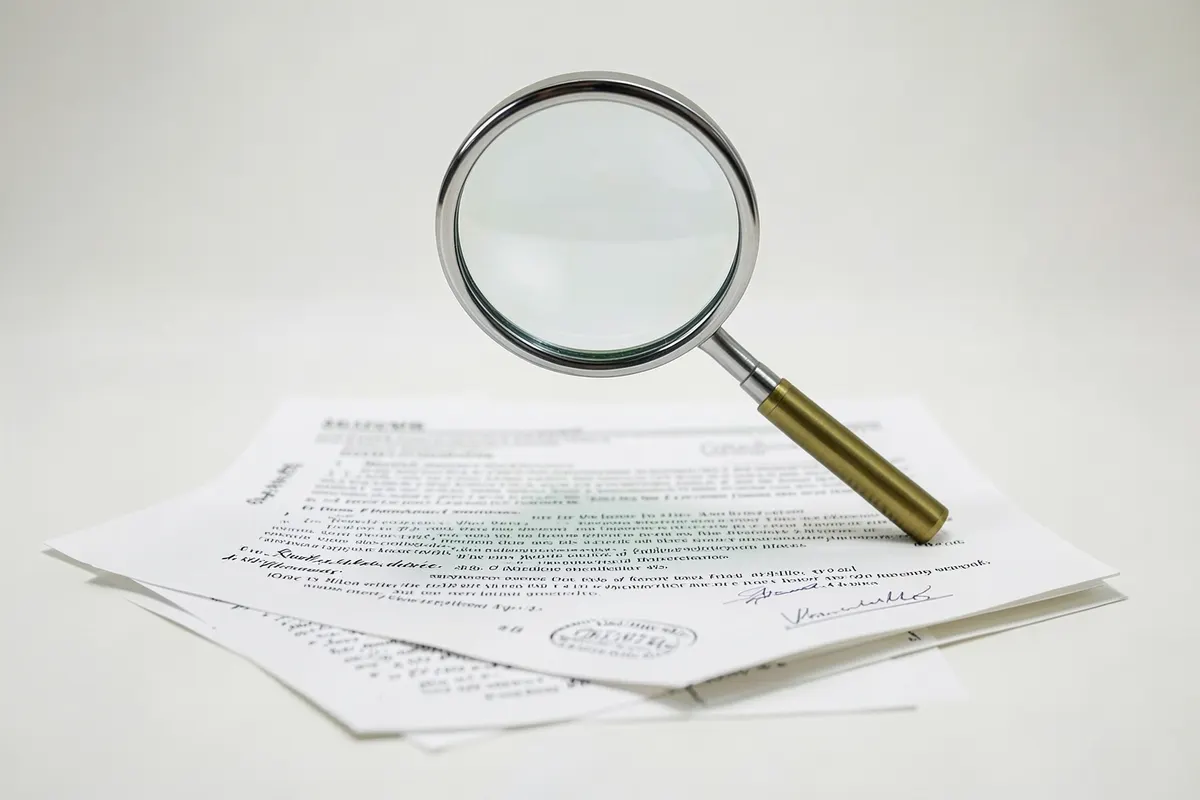 Uma lupa examinando detalhadamente um documento com selos e assinaturas, focando nos aspectos legais e burocráticos.