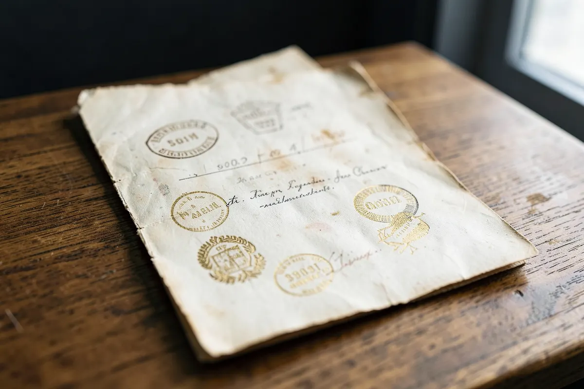 Um documento antigo com selos e carimbos, sobre uma mesa de madeira.