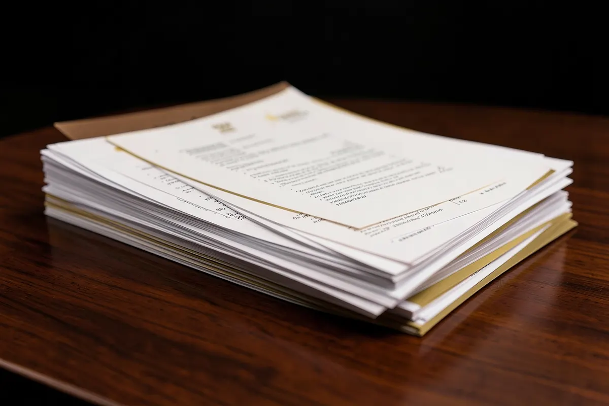Uma pilha de papéis e documentos organizados sobre uma mesa de madeira.