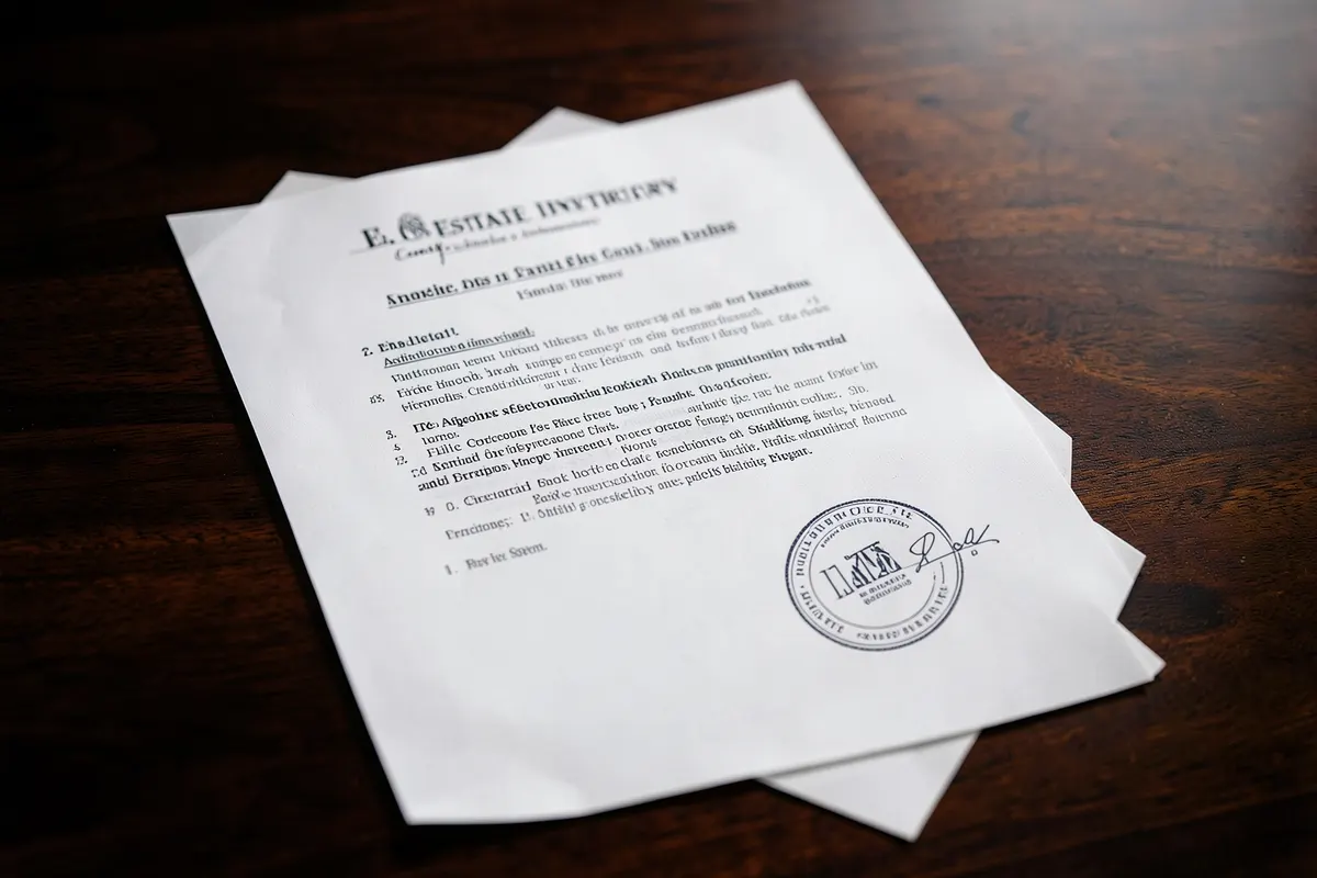 Documento de inventário com carimbo e selo de autenticidade sobre a mesa de madeira.