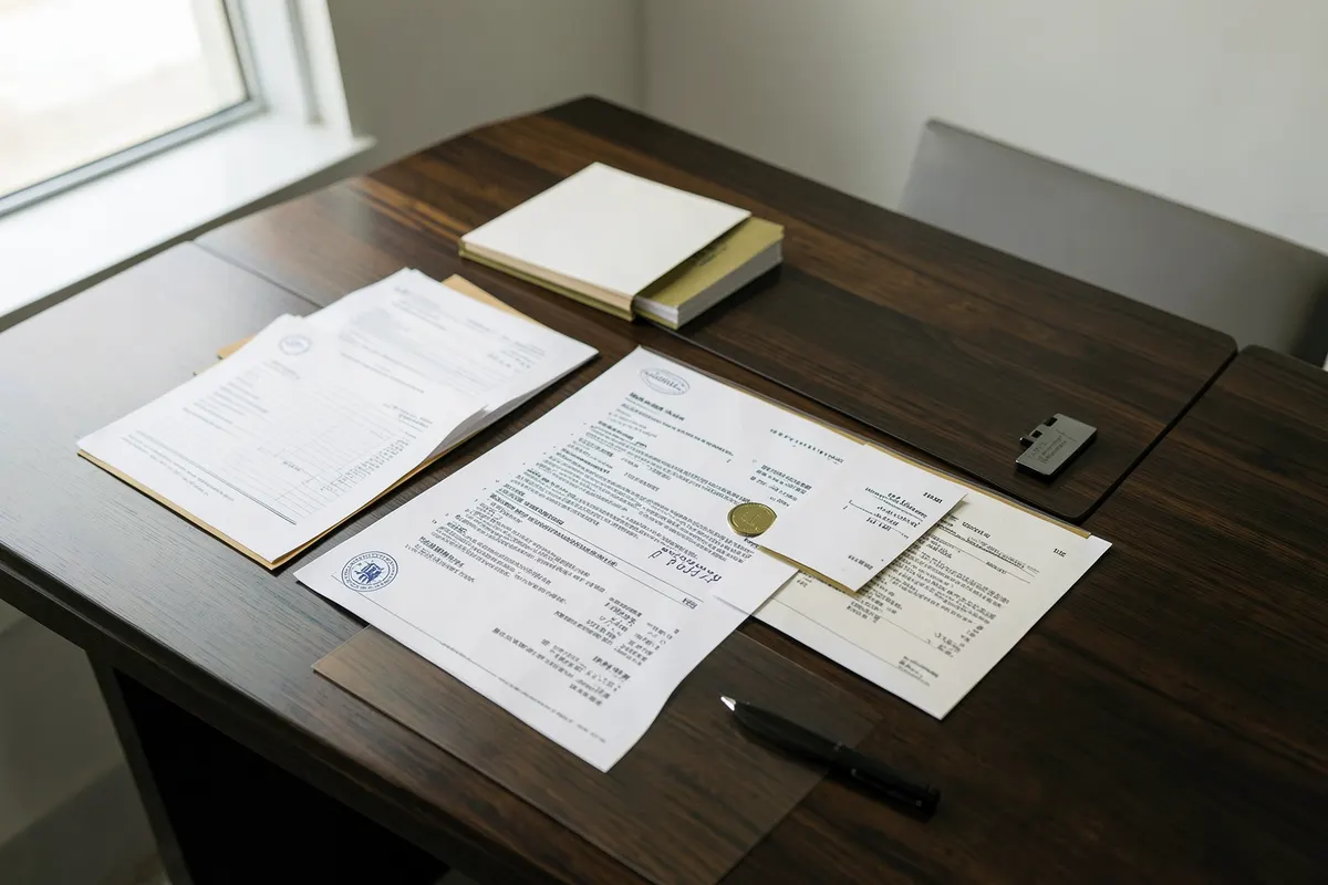 Mesa de cartório com documentos, caneta e selo de autenticidade.