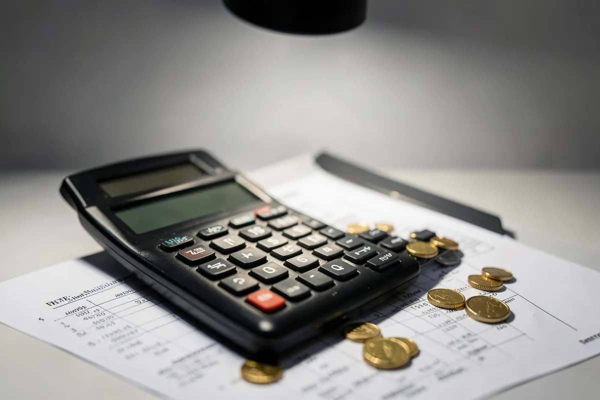 Calculadora e moedas de dinheiro sobre um documento de inventário.