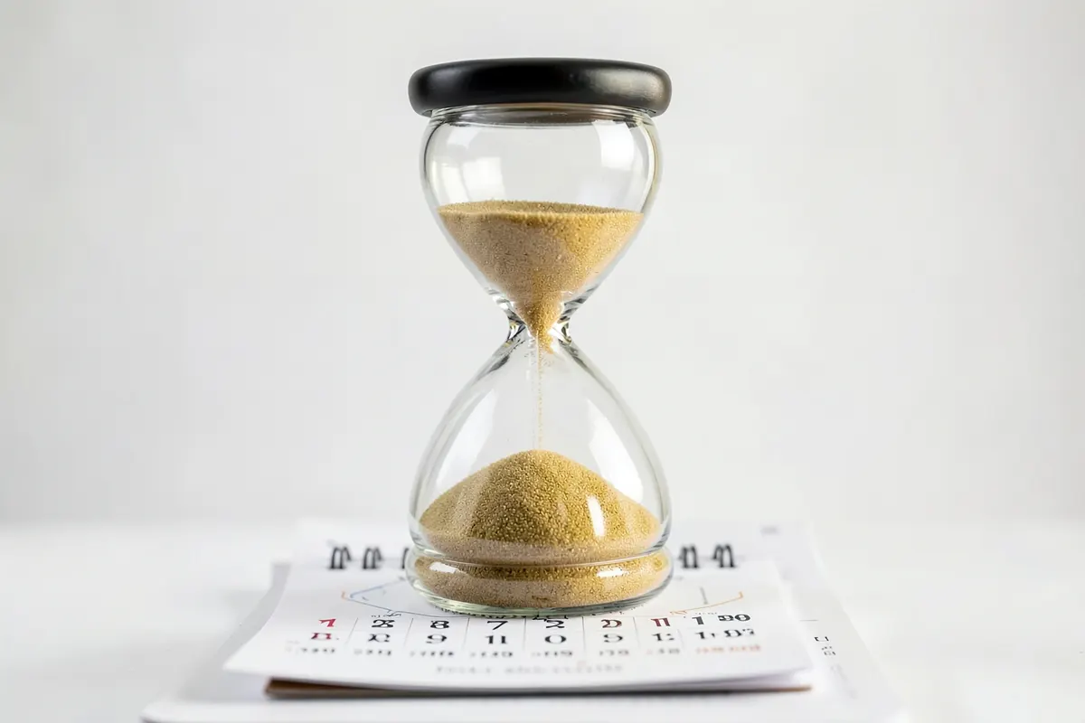 Ampulheta com areia escorrendo sobre um calendário.
