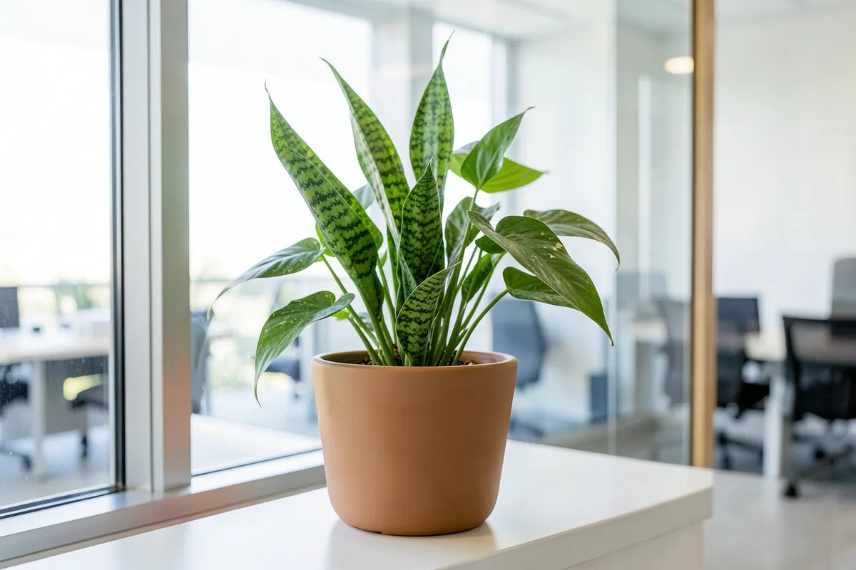 Uma planta crescendo em um vaso de cerâmica em um peitoril de janela.