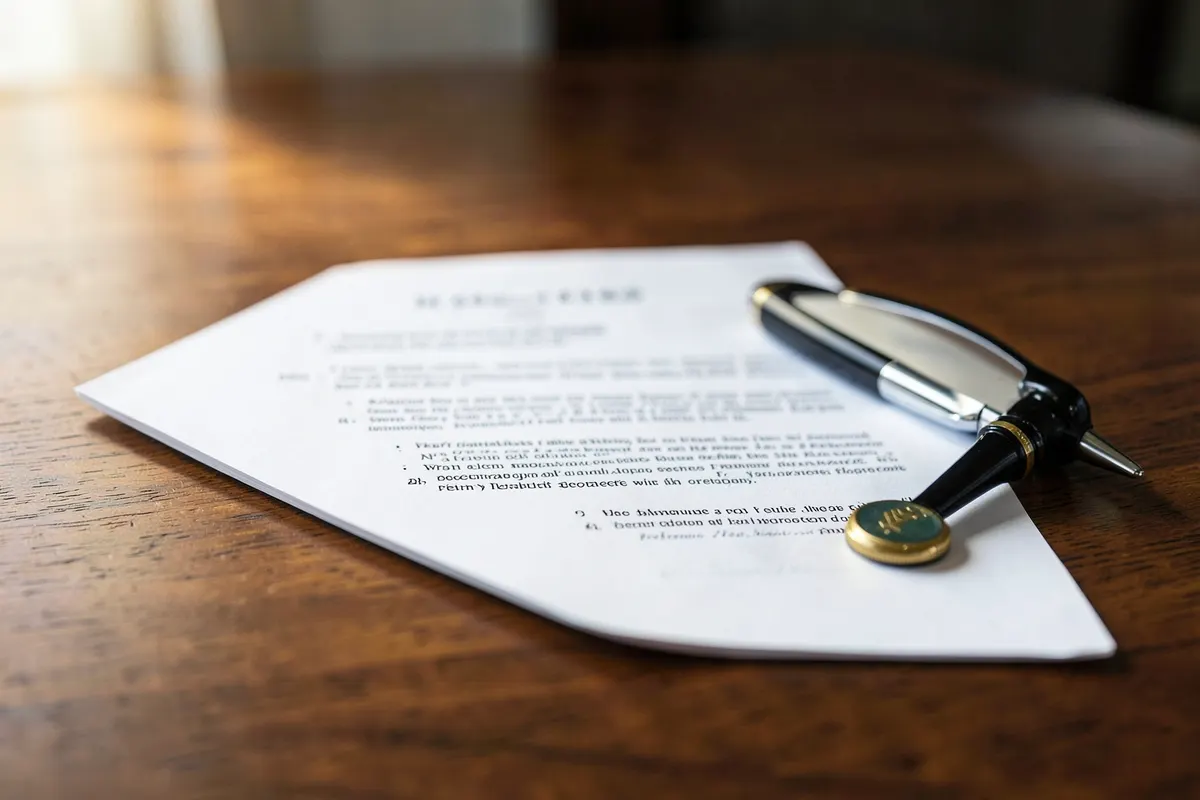 Um documento legal com um carimbo e uma caneta sobre uma mesa de madeira.