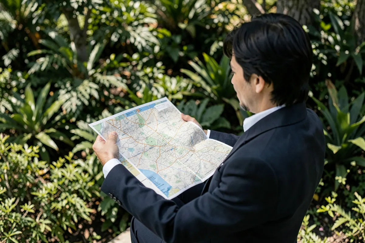 Uma pessoa examinando um mapa em um ambiente externo com vegetação.