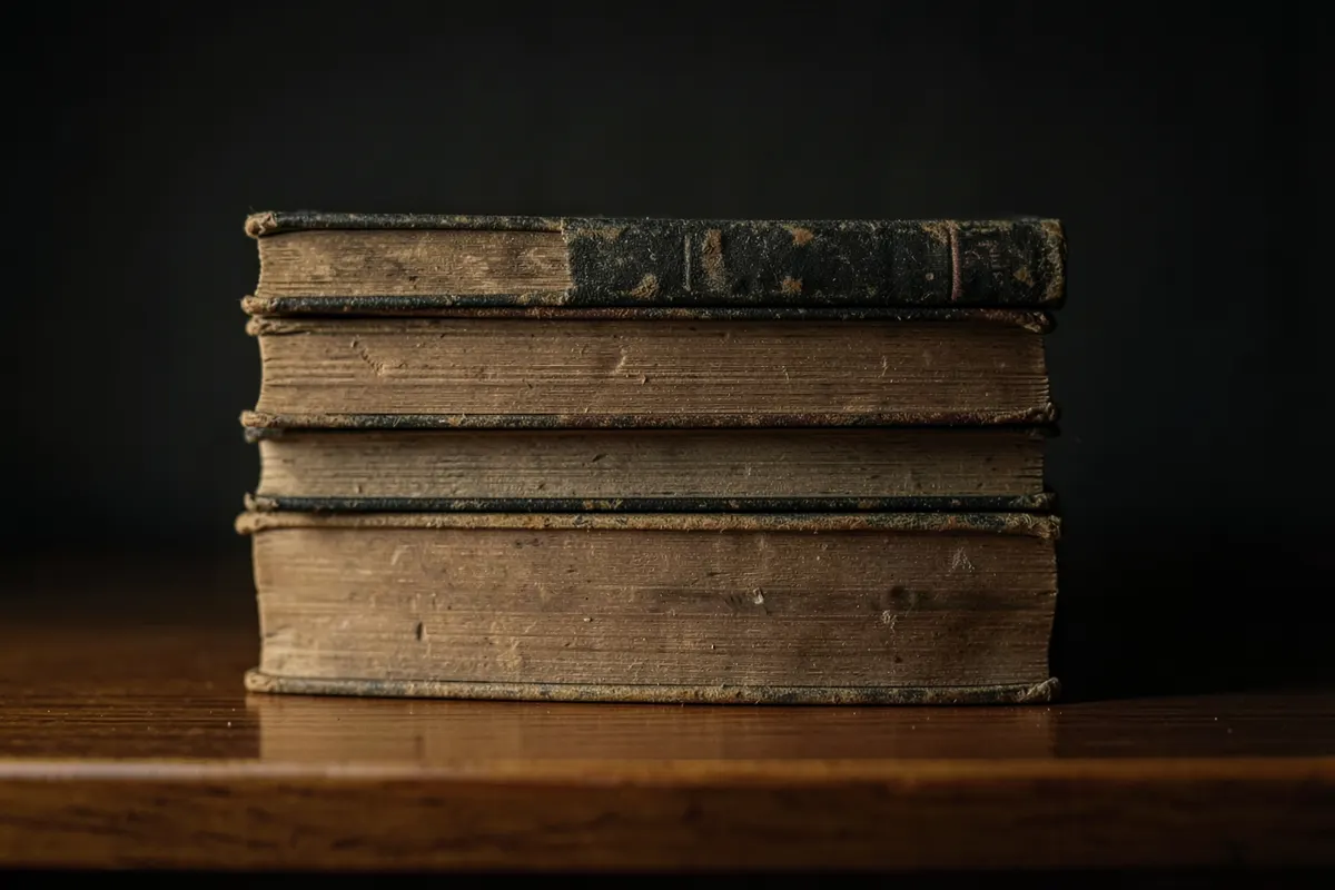 Uma pilha de livros antigos empoeirados em uma prateleira de madeira.