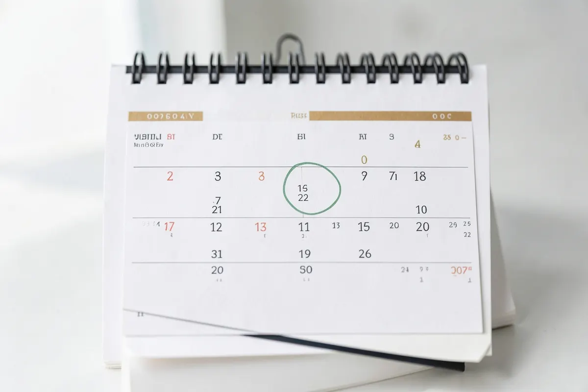 Um calendário com a página de um mês virada, com um círculo em um dia específico.
