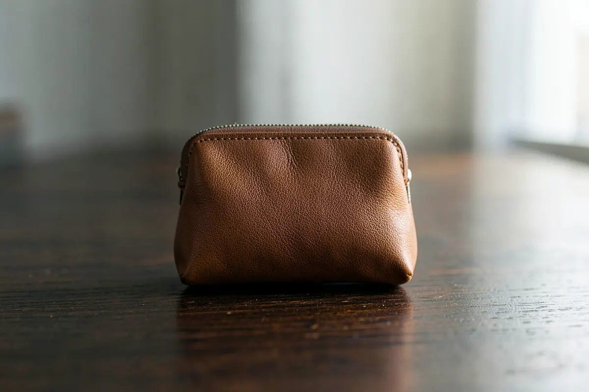 Uma pequena bolsa de moedas de couro sobre uma superfície de madeira escura.