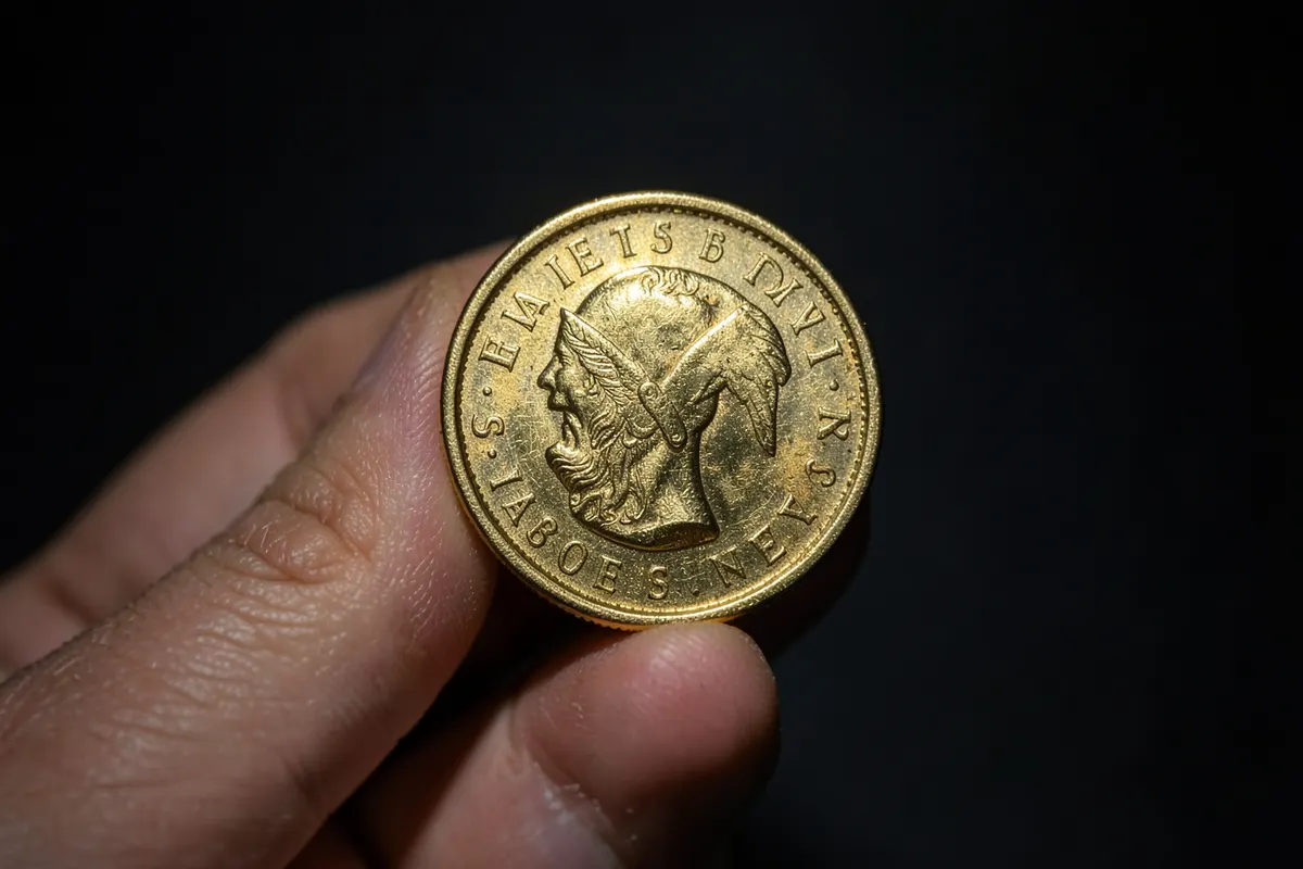 Uma mão segurando uma única moeda de ouro sobre um fundo escuro.