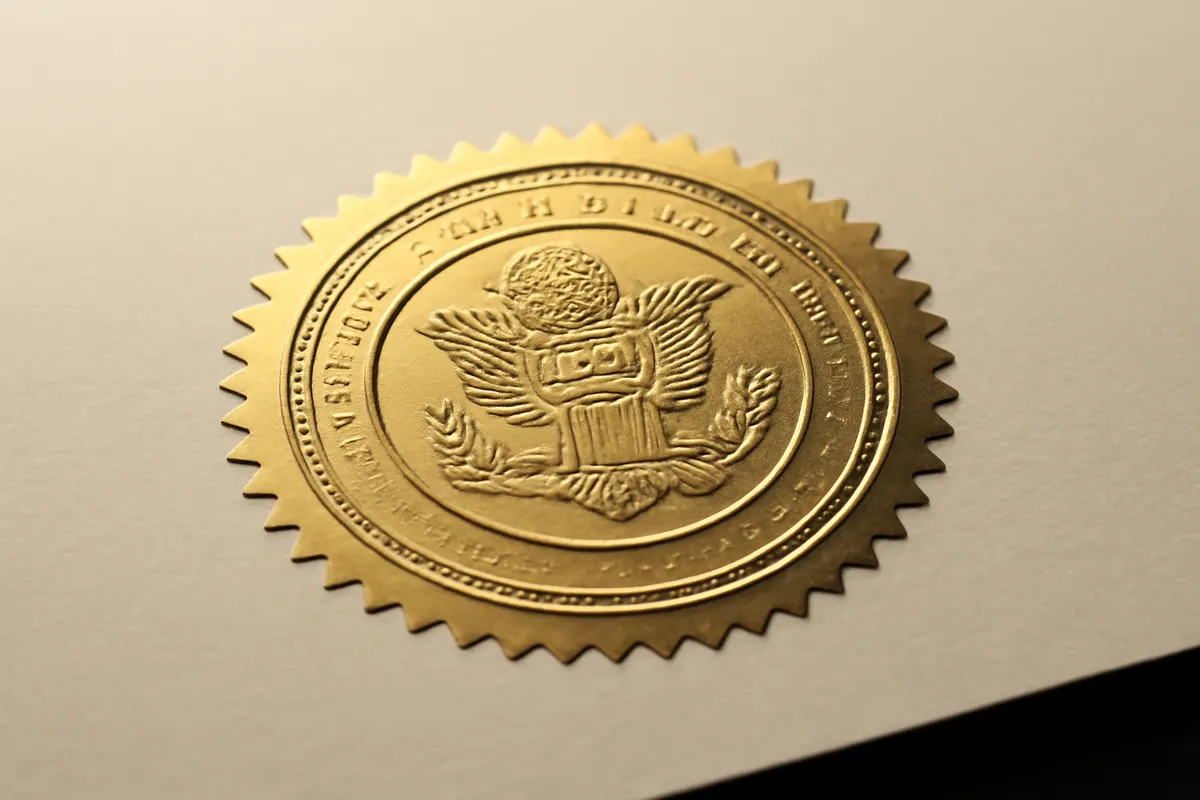 Um selo oficial em um documento de escritura pública de compra e venda de imóvel.