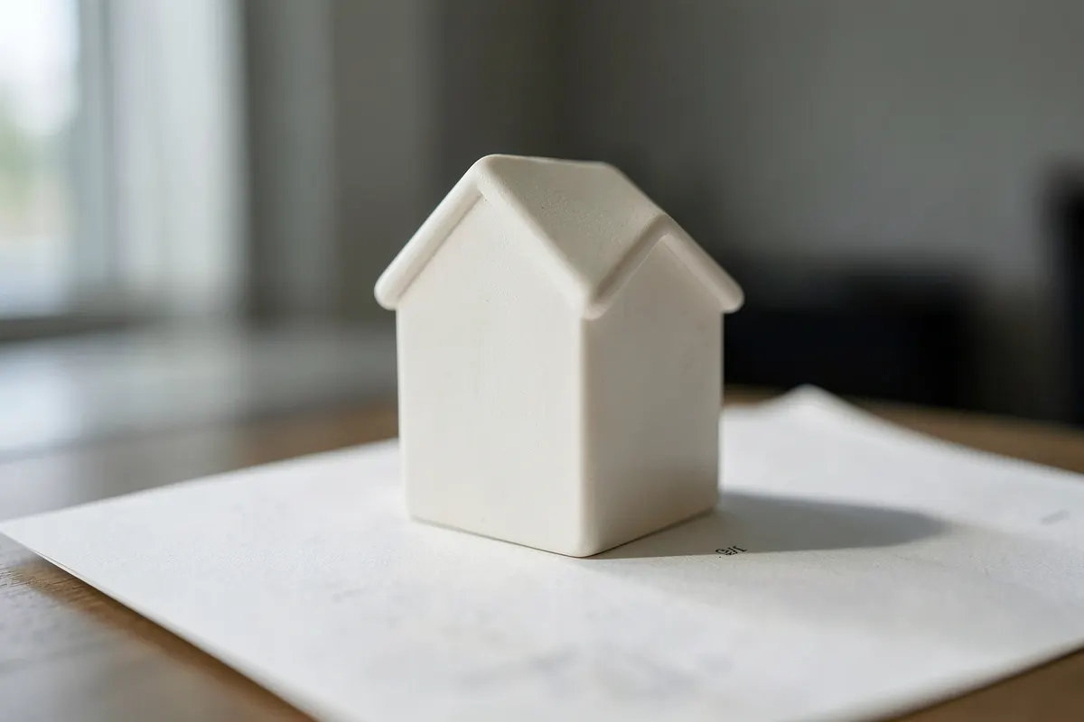 Uma casa em miniatura sobre um documento de escritura pública.