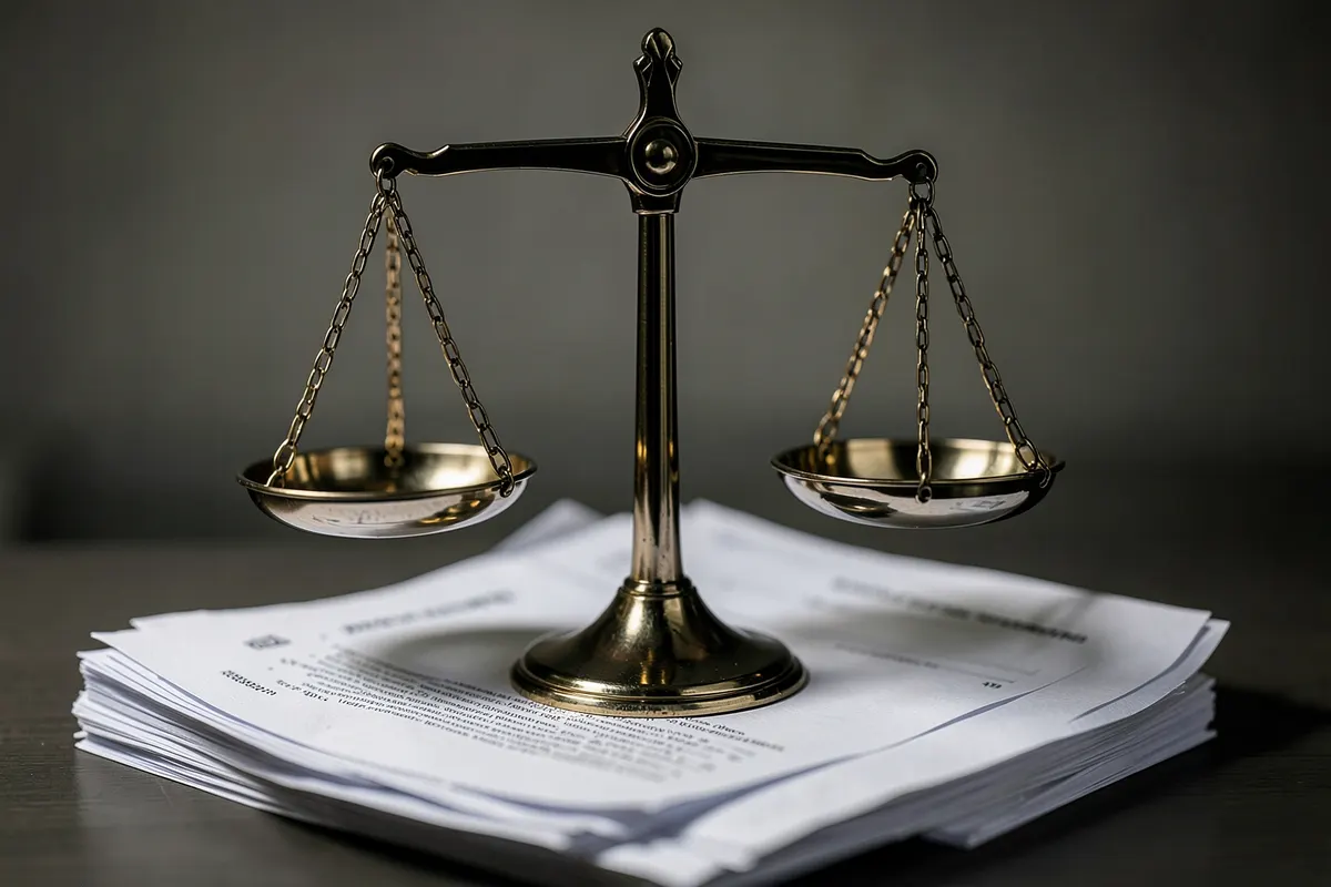 Uma balança da justiça sobre papéis de divórcio e bens.