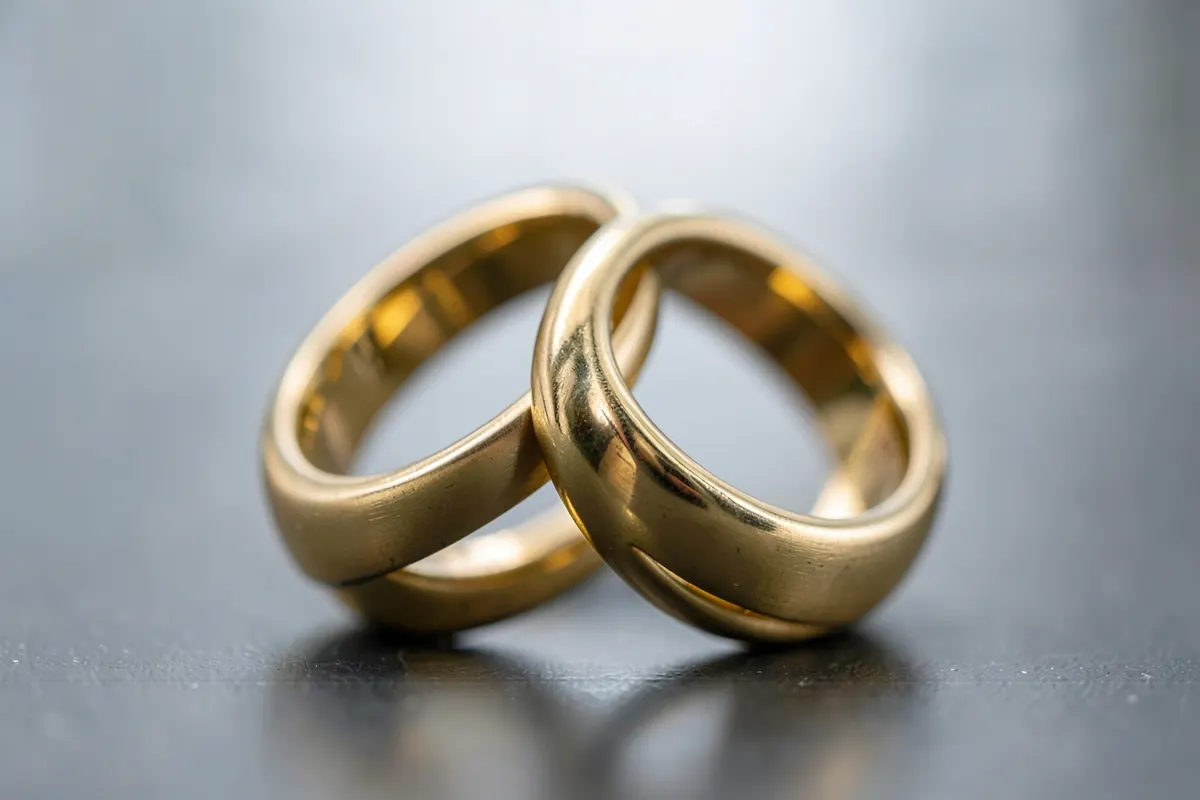 Dois anéis de casamento dourados entrelaçados sobre um fundo desfocado.
