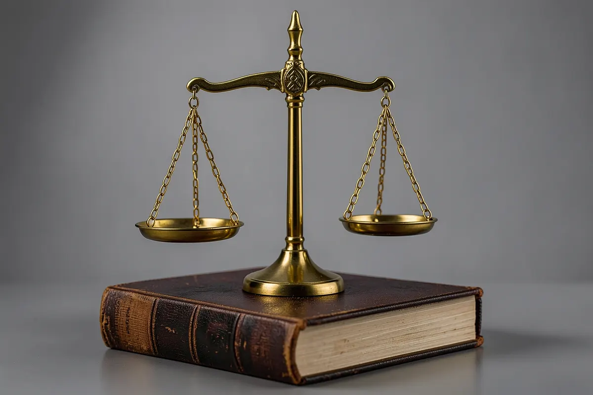 Uma balança da justiça com um martelo de juiz em cima de livros de direito.