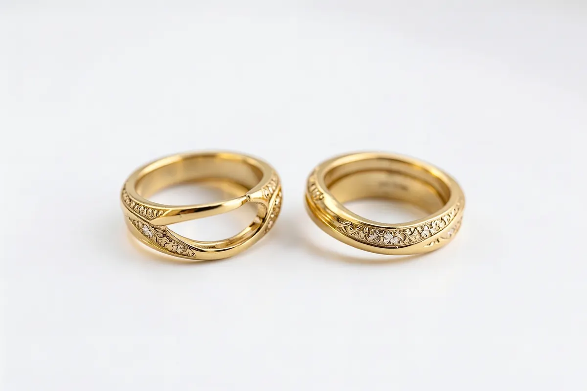 Duas alianças de ouro separadas em uma superfície branca.