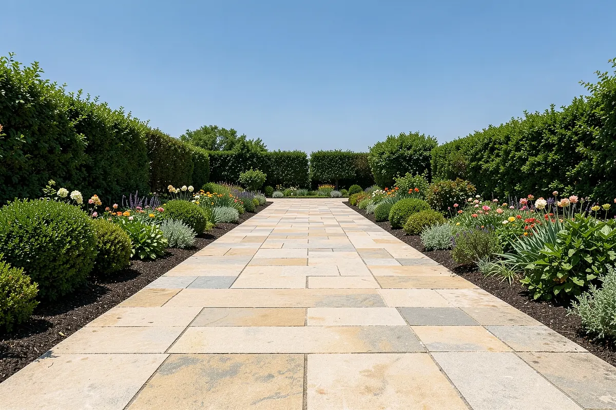Um caminho de pedras se dividindo em duas direções diferentes em um jardim.