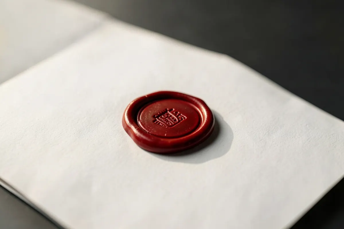 Um documento oficial com um selo de cera vermelho.