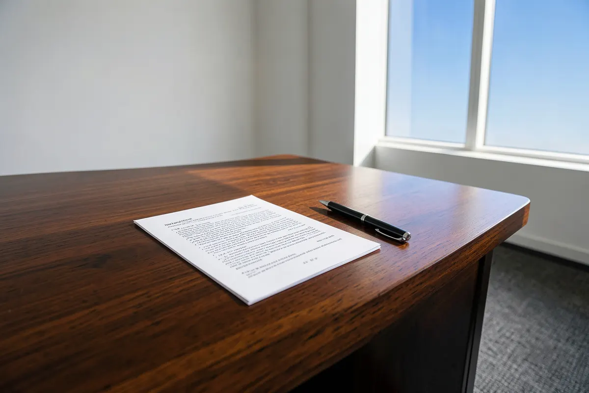 Um documento legal com uma caneta ao lado, sobre uma mesa de madeira.