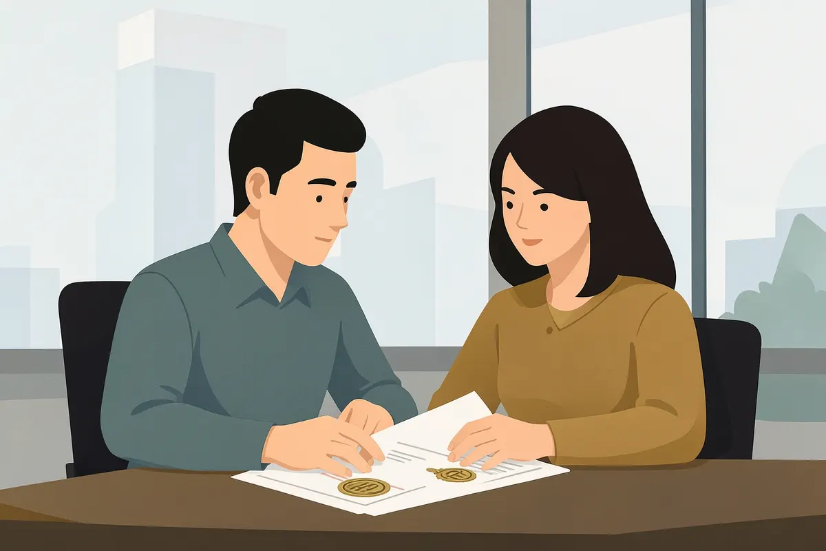 Um homem e uma mulher, ambos com roupas casuais, sentados em uma mesa de escritório, discutindo um documento com selos. Ao fundo, um prédio de escritórios moderno. A cena é um plano médio, com os dois interagindo. A luz é clara e uniforme, vinda de janelas amplas. O momento é de colaboração e discussão.