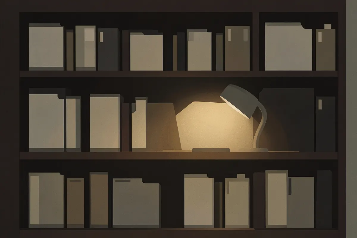 Uma estante de madeira escura cheia de pastas e documentos, em plano geral. Uma luminária de mesa acesa ilumina parte da estante. A cena é um plano geral, mostrando o ambiente de arquivo. A luz é focada na área iluminada pela luminária. O momento é de organização e arquivo.